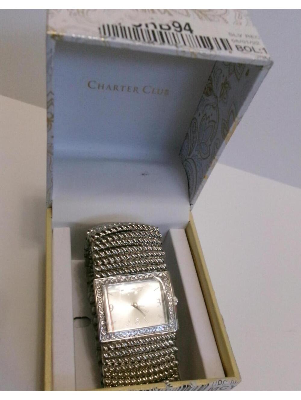50 Charter club silvertone rectangle chunky wide stretch CZ bracelet watch